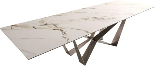 Esszimmertisch Edge Keramik Calacatta Luxe Weiß-Gold-Grau 300x100 Spider Flachstahl Edelstahl