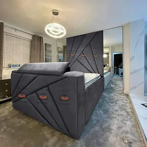 ark future Plush Velvet Grey TV Bed Frame – Modern Upholstered Bed Base with Built-In TV Mechanism (Mattress Not Included) (Steel, Double)