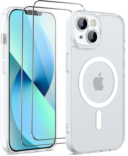 HGH für iPhone 13 Hülle für MagSafe mit 2 Schutzglas, Weiß | Vollständiger Kameraschutz Stoßfest Kratzfest Anti-Fingerabdruck Transluzente Rückseite Matt Handyhülle für iPhone 13