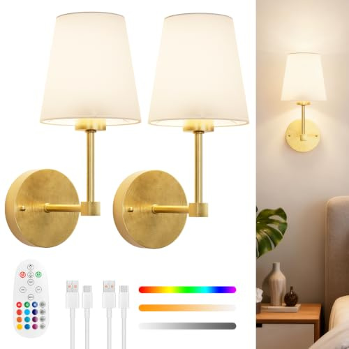 LGMCF Akku Wandleuchte Kabellose Set, 6000mAh wiederaufladbare Wandleuchte mit Fernbedienung, 15 RGB Farben, Timer, Dimmbare Wandleuchten für Schlafzimmer, Wohnzimmer, Flur, Golden