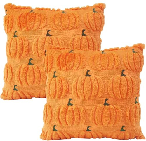 Bhina 2 Stück 45x45 cm Halloween Kissenbezug Geister Deko-Bezüge für Halloween-Kissen Herbst Grusel Geist Motiv Kürbis Deko Weich Plüsch Halloweendeko Kissen für Sofa Couchkissen (Pfannkuchen-Kürbis)