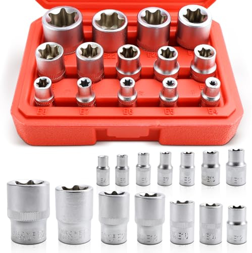 Außen Torx Nuss Set,14tlg Torx Steckschlüsselsatz 1/2 1/4 3/8 zoll Stecknüsse, Außentorx E4-E24 Steckschlüsseleinsätze aus CR-V für KFZ-Werkzeug