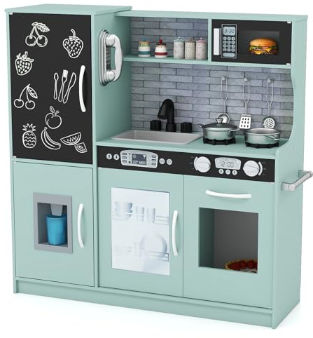 GOPLUS Cuisine en Bois Enfant avec Effet Sonore, Jouet de Cuisine Enfantavec Tableau Noir et 6 Compartiments de Rangement, Télephone, Accessoires Riches, pour Garçon Filles 3-6 Ans (Menthe)