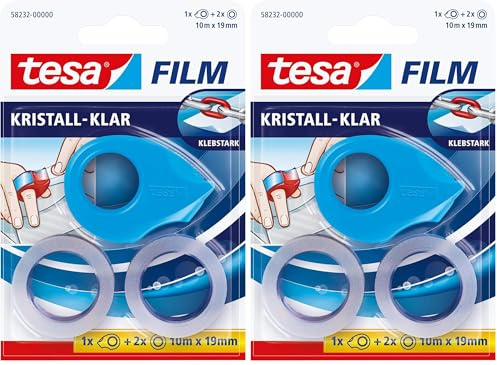 tesa tesafilm Mini Abroller Pink, Blau oder weiß mit 2 x Kristall Klar Rollen, 10M: 19mm (Packung mit 2)