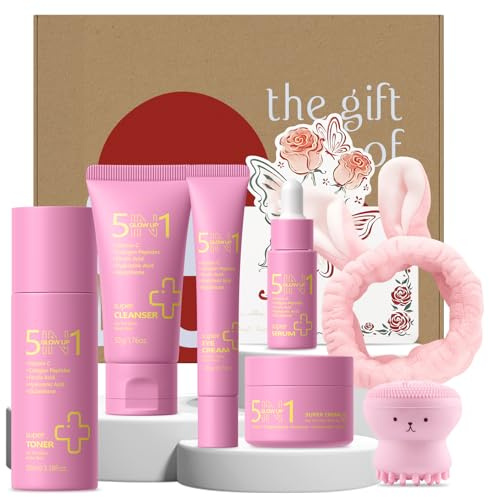 5 IN 1 Glow Up Skincare Set, 7 Stück Gesichtspflege Set Junge Frauen | Mit Vitamin C Hyaluronsäure & Kollagen | Hautpflege Set für Teenager Mädchen inkl. Reinigungsbürste & Haarband