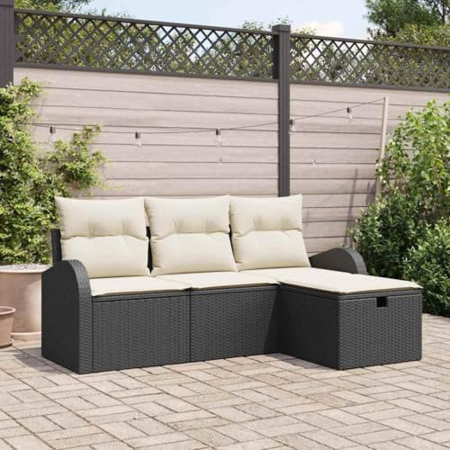 Hoopleep Poly-Rattan Sofa Set mit Kissen, 4-teilig, Schwarz & Creme, Modular, Wetterfest, für Terrasse & Garten, 179x117x85cm Outdoor Sitzgruppe
