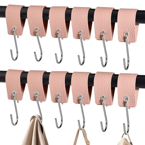 XHTXHT 12 Stück S Haken mit Lederschlaufe,haken für Kleiderstange Haken Garderobe Kleiderhaken Edelstahl für Garderobe Küche Badezimmer Camping (Pink)