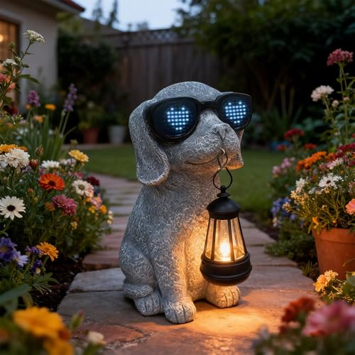 Vovkokc Gartenornamente, solarbetriebene Hundestatuen, Hundefigur mit Laterne und LED-Lichtern, einzigartige Geschenke für Frauen, Mutter, Männer, Hundeliebhaber für Terrasse, Hof, Rasen, Balkon