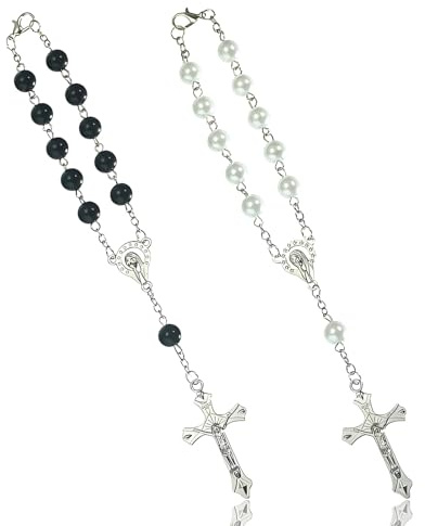 MNYXIS 2 Pcs Rosenkranzkette, Lkw Zubehör Innenraum, Auto Deko Innenraum Rückspiegel Anhänger, Kreuz-Rosenkranz-Armband,Car Spiegel Accessories, Car Glücksbringer Geschenk,Rosenkranz Auto,Autoanhänger