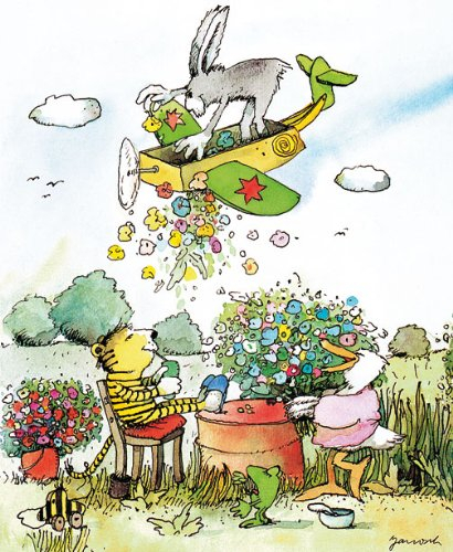 Kunstdruck / Poster 48x58 cm BLUMENREGEN Janosch - Kleiner Tiger Tigerente Frosch Flugzeug Blumen Bild