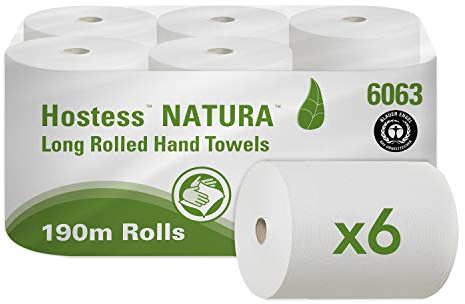 Hostess NATURA Papierhandtücher aus 100% Recyclingmaterial 6063 – 1-lagige Rollenhandtücher – 6 x 190 m Papierhandtücher in Rollen (1,140 m gesamt)