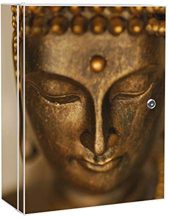 banjado Medizinschrank abschliessbar mit Motiv Buddha Gold 35x46x15cm - großer Arzneischrank für die Hausaphotheke - Medikamentenschrank aus Metall zur Medikamenten Aufbewahrung