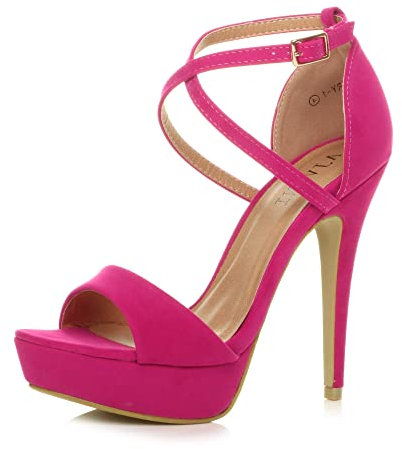 Femmes Talons Hauts Ouvert lanières croisées Sandales Plateforme,Daim Rose Fuchsia,37 EU