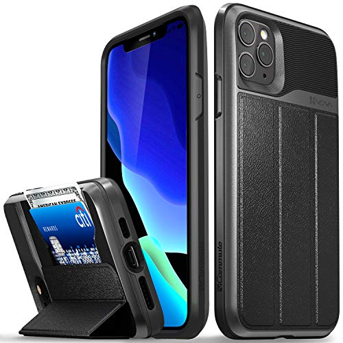 VENA vCommute Wallet Case Compatible with Apple iPhone 11 Pro Max (6.5-inch 2019), (Military Grade Drop Protection) Flip Leather Cover Card Slot Holder with Kickstand - Space Gray