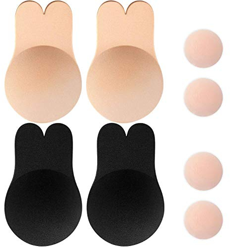 Memoryee Damen Push Up Adhesive Silikon Invisible Rabbit Bra Wiederverwendbare Lifting Bra Cups Nippel Cover/Beige+Schwarz-2Pair/M(A/B Cup)