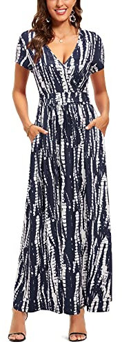 OUGES Women's Summer Casual V Neck Short Sleeve Floral Pattern Wrap Ladies Maxi Long Dress with Pockets(Floral-16,XXL)