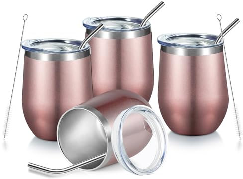 COMOOO Tumbler Wine Cup Insulated Wine Cup with Lid and Straw Rose Gold Stainless Steel Wine Glass Tumbler Stemless Set of 4 Vacuum Coffee Mug for Champaign Cocktails Party Office (rosa Gold, 4 Pack)