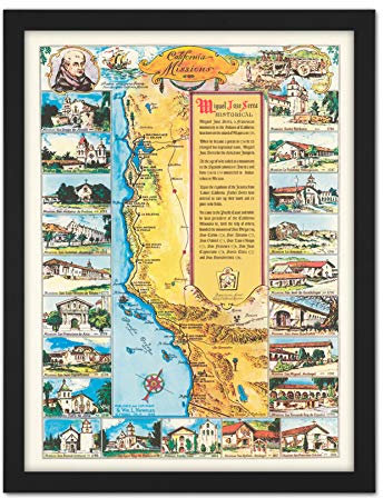 Artery8 Map Putnam 1949 California Missions History Artwork Framed Wall Art Print 18X24 Inch Karte Kalifornien Geschichte Wand