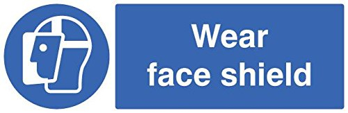 Schild tragen Face Shield SAV Außenhöhe 100mm Außenbreite 300mm Schildfarbe blau auf weiß Schild Legende Wear Face Shields Schild Material Vinyl Schild Art Pflicht Persönlicher Schutz Person