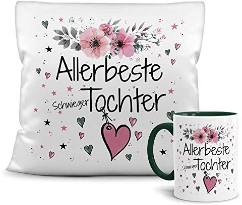 PR Print Royal Geschenk-Set aus Tasse und Kissen mit Füllung - Allerbeste Schwiegertochter - Persönliche Geschenkidee für Beste Freunde, Verwandte und Familie - weiß/dunkelgrün