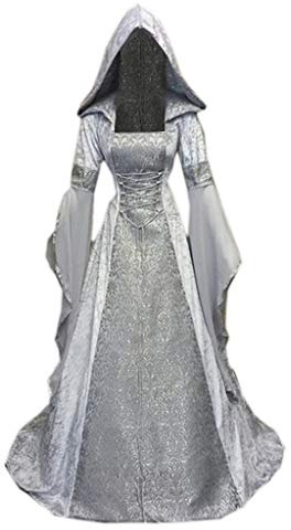 YEBIRAL Gothic Kleidung Damen Übergröße Schnürkleid mit Kapuze, Vintage Mittelalter Kleid Trompetenärmel Maxikleider Renaissance Party Festlich Cosplay Dress Karneval Halloween Kostüm