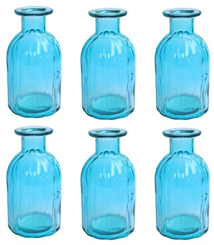 HANIHUA 6 Sets Glass Bud Vase Small Vases for Flowers, Blue Vase Set for Centerpieces Home Decorative Mini Bud Vases in Bulk, Round Vintage Glass Bottles,2.85X 5.4