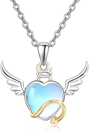 REDSUN Angel Devil Heart Halskette,925 Sterling Silber Mondstein Kette,Herz Anhänger Halskette Flügel Halskette, Teufel Herz Form Kette Schmuck Geschenke für Frauen Mädchen Tochter Freunde