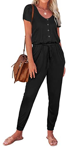 REORIA Women's Summer Casual Jumpsuit Plain Scoop Neck Button Down Bud Sleeve Rompers With Pockets Black L