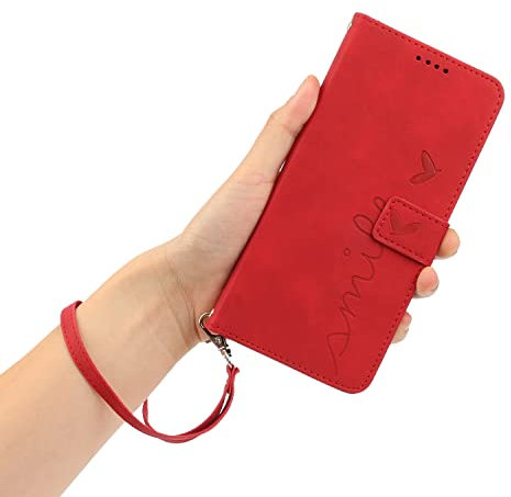 Compatible for iPhone 11 Wallet Case Embossed Love Heart Skin Feel Leather Folio Case Card Holders Stand Flip Case with Wrist Strap - Red