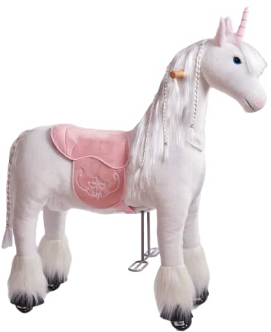 Ponnie Reitpferd mit Rollen Unicorn M (5-12 Jahre), Spielpferd zum Reiten mit Abnehmbarer Rosa Sattel und Halfter mit Zaumzeug, Kämmbare Mähne und Schwanz, Plüschpferd zum Reiten für Kinder