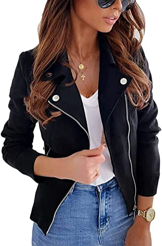 Youning Damen Jacke Kurz Übergangsjacke Moto Bikerjacke Herbst Frühling Leicht Jacken Sommerjacke Reverskragen Langarm Boyfriend Kurze Mantel mit Reißverschluss