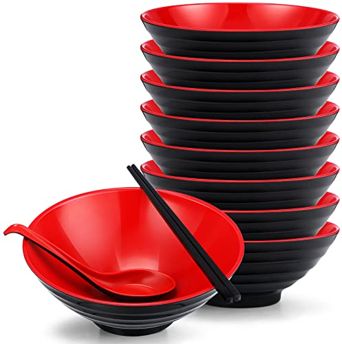 Eaasty 24 Pcs 8 Set Ramen Bowls Japanese Style Noodles Asian Chinese Large Soup Bowls with Spoons and Chopsticks for Ramen Pho Udon Soba Asian Dishes