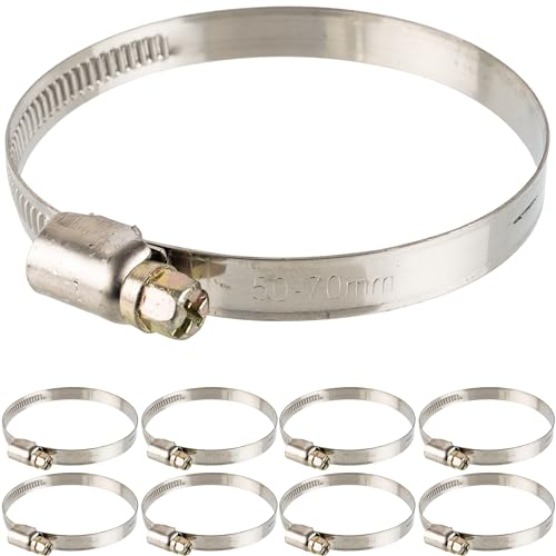 Schlauchschellen mit Schneckenantrieb, 8 Stück, Spannbereich Ø 50-70 mm, für 2 1/2 Schläuche, W2 Edelstahl, Kreuzschlitz SW 7, 9 mm Bandbreite, Fixierung von Waschmaschine, Spülmaschine Anschluss