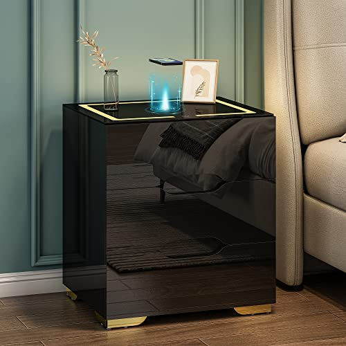 Jehiatek Black Bedside Table with Wireless Charging & USB Station, Smart Adjustable LED Lights, High Gloss Nightstand Organizer for Bedroom Living Room Office Use, 16.1''D x 19.1''W x 21.7''H
