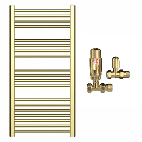 500mm Wide Gold Heated Bathroom Towel Rail Radiator With Valves For Central Heating UK (With TRV Valves, 500 x 1000 mm (h))