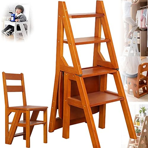 4 Step Ladder Chair Wooden Step Stool, Folding Fold Up Library Step Bookshelf Ladder Shelf Multifunction Stepladder Stairway Chair for Indoor Kitchen and Office,WalnutColor