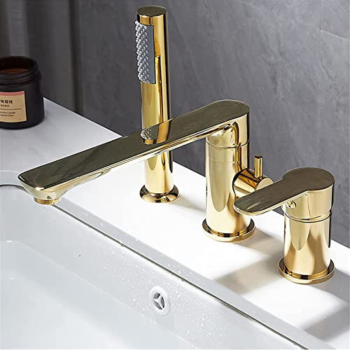 Yalsfowe Robinet de baignoire, mitigeur de baignoire avec douchette, robinet de baignoire 3 trous moderne, ensemble de robinet de baignoire à poignée unique, mitigeur de douche,D'or