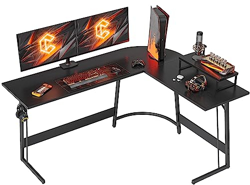CubiCubi Tavolo da gioco ad angolo, 150 x 120 cm, scrivania a forma di L per gaming, tavolo angolare per computer, con supporto per monitor, salvaspazio, facile da montare, nero