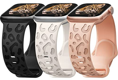 3 Pack Leopard Engraved Strap Compatible with Apple Watch Straps 38mm 40mm 41mm 42mm 44mm 45mm 49mm Women Girls, Soft Silicone Designer Replacement Straps for iWatch Series Ultra SE 9 8 7 6 5 4 3 2 1