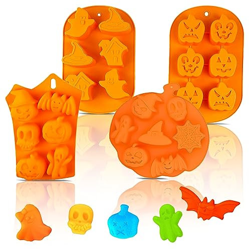 MARUKO Halloween Moule à Chocolat, 4 Pièces Halloween Moule Silicone, Moule Gateau Silicone Citrouille/Crâne/Sorcière/Fantôme en Forme de pour Chocolat, Bonbon, Gelée DIY Moisissure Decorations