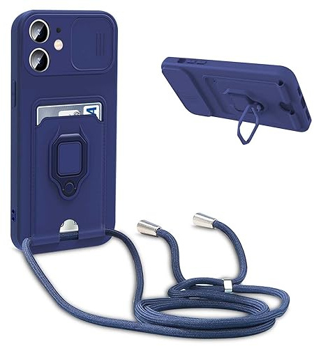 YFSYLL Handykette Schutzhülle kompatibel mit iPhone 12/iPhone 12 Pro Handyhülle mit Band,Silikon Handyhülle Case mit Schiebe Kameraschutz,360 Grad Ringhalter Stand,Kartenfach,Blau