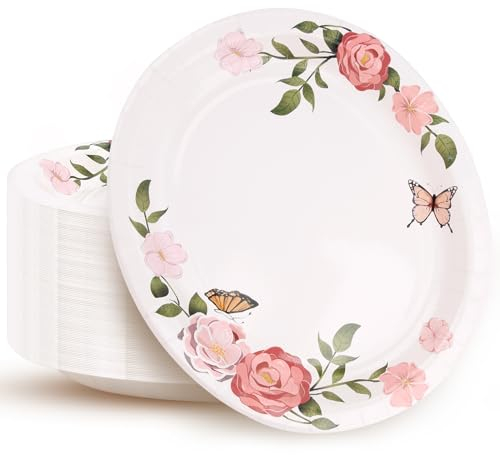 VXYW 50 Count Floral Oval Paper Plates, 10'' x 12'' Large Disposable Food Plates, Heavy Duty 400GSM Dinner Serving Supplies for Floral Theme Parties, Birthday, Holiday, Wedding
