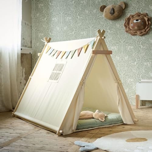 Petite Amélie ® Haus Zelt Für Kinder Mit Passender Bodenmatte | Tipi Zelt Inkl. Aufbewahrungstasche | Massive Holzen Zeltstangen | Baumwolltuch | Off White