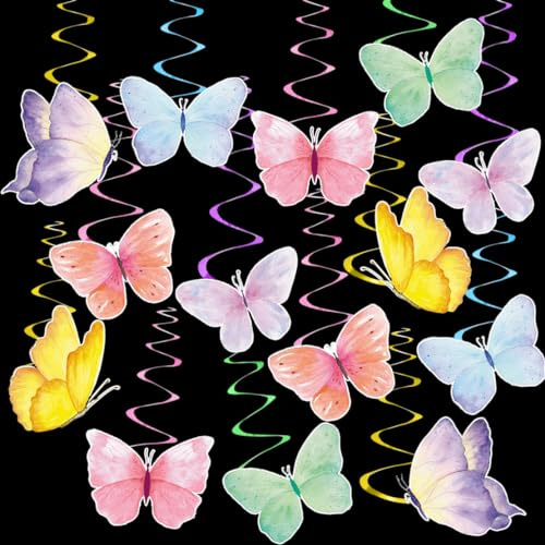 DeryArcle 28 Stück Schmetterlinge Geburtstag Dekoration, Schmetterling Hängende Wirbel Dekorationen Party Spiralen Luftschlangen Set Butterfly Hanging Decoration für Hochzeit Jubiläum Zubehör (Typ A)