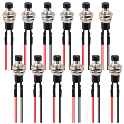 12 Stück 7mm Vorverkabelt Mini Momentan Druckknopf Taster Schalter 12V, 3A 220V SPST 2 Pins Vorgelöteter Druckknopfschalter Runder Flachknopf-Drucktasten, Drucktaster Rot für Modelleisenbahn-Hobby