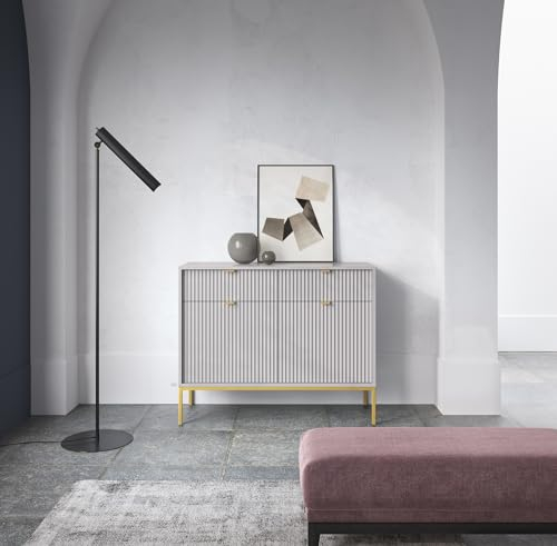 BETTSO - Nova KSZ-104 - Kommode - Kommode mit Schubladen - 83 cm hoch, 104 breit - 2 Schubladen - Geriffelt - für Wohnzimmer, Flur - 2-türig - Modern, Glamour - Grau - mit goldenen Griffen und Beinen
