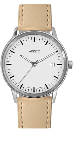 Aristo Unisex Quarz-Armbanduhr - Beige farbendes Lederarmband und poliertem silberweißem Edelstahl Ziffernblatt mit Front aus Mineralglas - Made in Germany