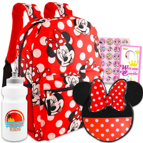 Disney Minnie Mouse Large Travel Backpack & Lunch Bag For Girls Set - Bundle with Polka Dot Minnie Travel Backpack, Minnie Lunch Bag & More | Minnie Travel Set For Kids, Minnie Mouse Lunch Box, Minnie
