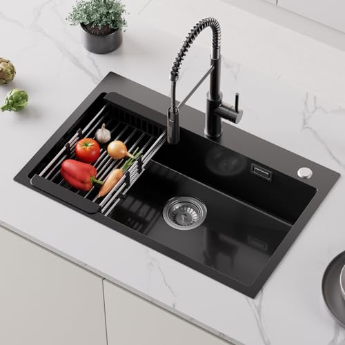 CECIPA 70×45cm Fregadero Cocina Negro Gris con Escurridor Retráctil, Grande Fregadero sobre Encimera Negro para Armarios de 70cm o Más, Fregadero Negro 1 seno de Acero Inox con Sifón y Rebosadero