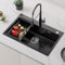 CECIPA 70×45cm Fregadero Cocina Negro Gris con Escurridor Retráctil, Grande Fregadero sobre Encimera Negro para Armarios de 70cm o Más, Fregadero Negro 1 seno de Acero Inox con Sifón y Rebosadero